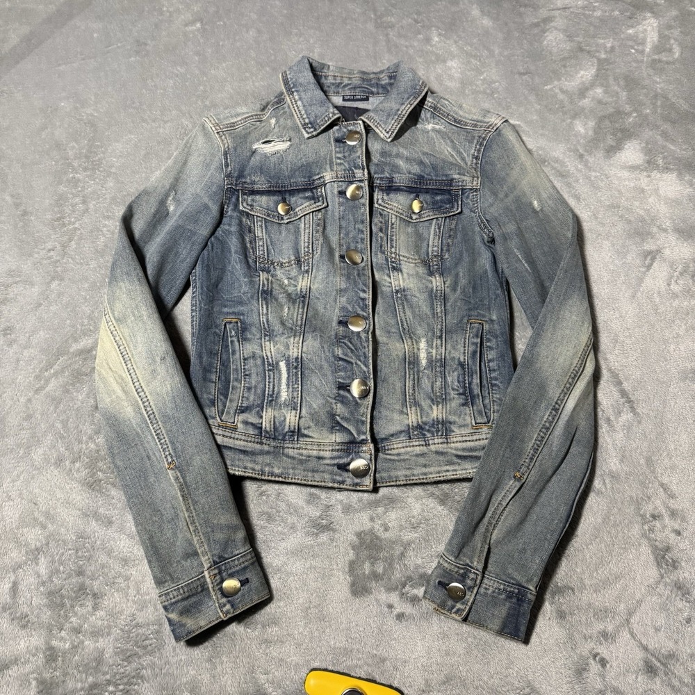 Vintage Y2K American‎ Eagle Jean Jacket Womens S Blue Denim Trucker Distressed